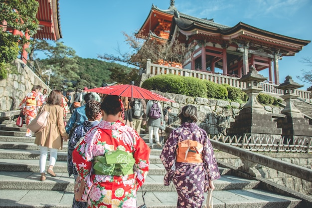 Kobiety odzieży kimino spacer Kiyomizu dera, świątynia