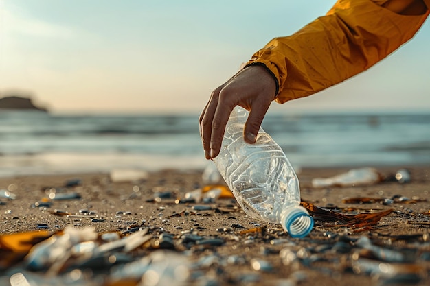 Zdjęcie kobiety podnoszące plastikowe butelki na plaży koncepcja zanieczyszczenia