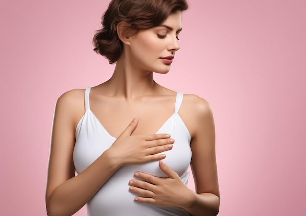 Zdjęcie kobiety ręcznie sprawdzają guzki raka piersi