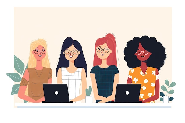Kobiety siedzące przy stole z laptopami Ilustracja