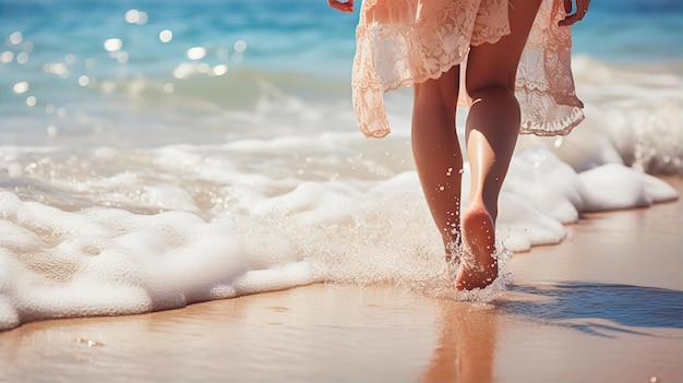 Kobiety spacerują po plaży Letnie słoneczne wakacje spędzone w pięknym błękitnym morzu Ciesz się tropikalnymi klimatami