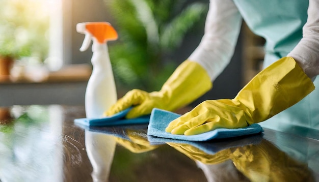 Kobiety sprzątające ręce w rękawiczkach symbolizujące pilność i poświęcenie w pracach sprzątających w domu