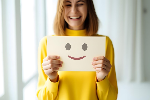 Zdjęcie kobiety trzymające znak emotikonu uśmiech