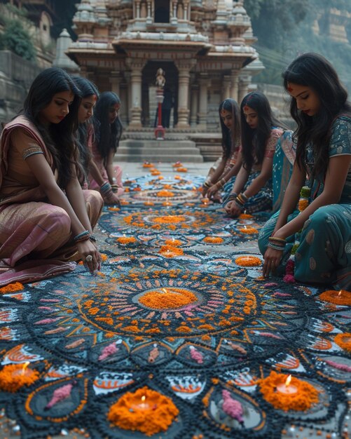 Zdjęcie kobiety tworzące skomplikowane wzory rangoli w tle