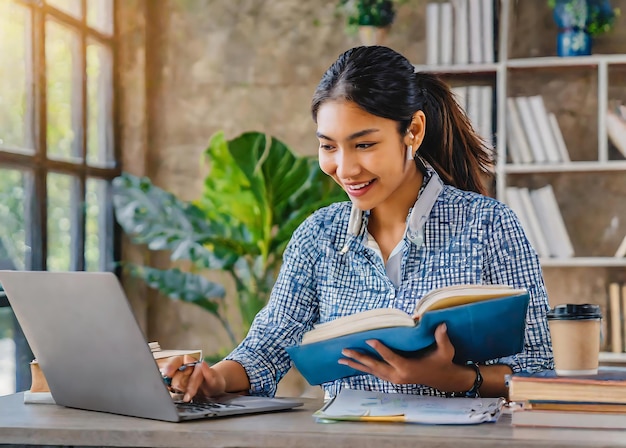 Kobiety uczące używają laptopa i sprawdzają zadania domowe uczniów i czytają książki