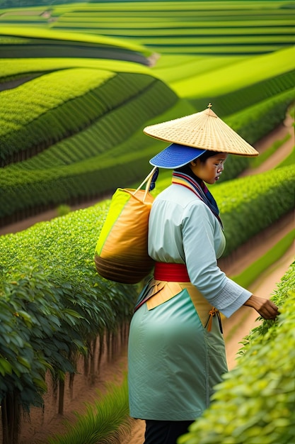 Kobiety w Azji zbierają herbatę na zielonych tarasach plantacji
