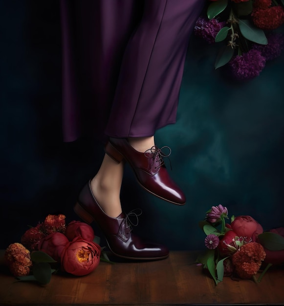 Kobiety w fioletowych spodniach i butach w pobliżu kwiatów