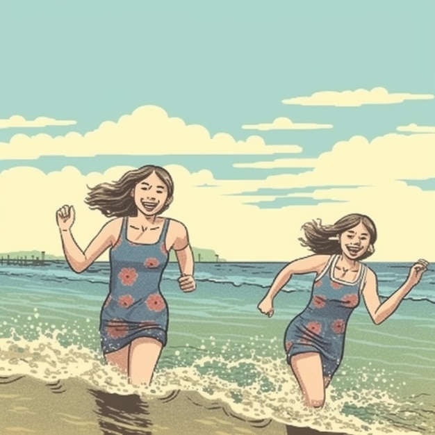 Kobiety w kostiumach kąpielowych szczęśliwe nad morzem