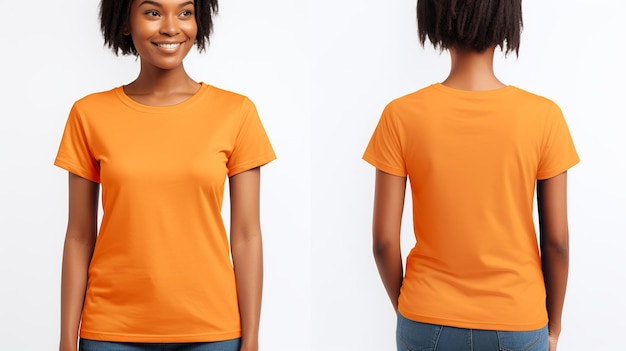 Kobiety w pomarańczowej koszulce Przedni i tylny widok izolowany na białym tle