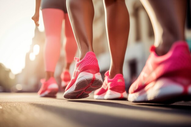 Zdjęcie kobiety w różowych ubraniach i butach na maraton świadomości raka piersi