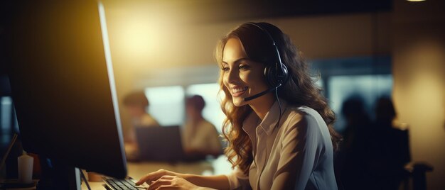 Kobiety z call center uśmiechały się, pracując i świadcząc usługi z uprzejmością i uwagą. Przód laptopa z flarą obiektywu i efektem bokeh w biurze z delikatnym ciemnym tonem. Generacyjna sztuczna inteligencja