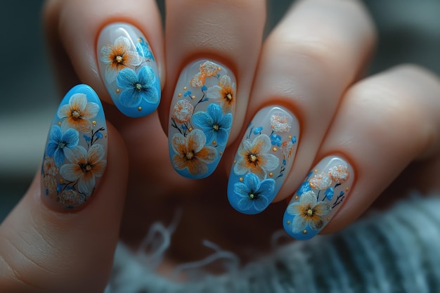 Kobiety z paznokciami z kształtami płatków w kolorze niebieskim i kwiatami Nail art