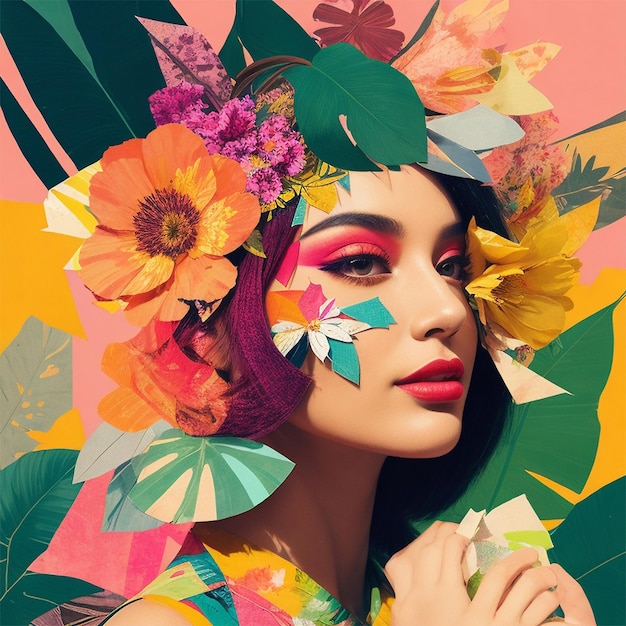 Kobiety z wesołym makijażem, kolaż z kwiatowymi i tropikalnymi wibracjami.