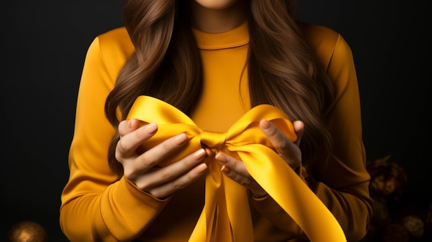Kobiety z żółtą wstążką w rękach koncepcja raka piersi