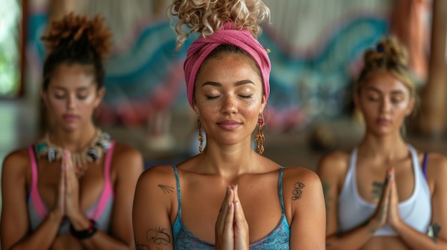 Kobiety znajdują spokój wewnętrzny w medytacji grupowej podczas zajęć jogi Generatywna sztuczna inteligencja
