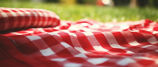 Koc piknikowy w czerwono-białą kratę na zielonym polu w słoneczny dzień na trawie trawnika w letnim parku Niewyraźne tło