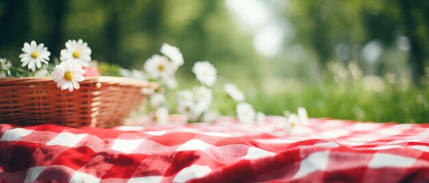 Koc piknikowy w czerwono-białą kratę na zielonym polu w słoneczny dzień na trawie trawnika w letnim parku Niewyraźne tło