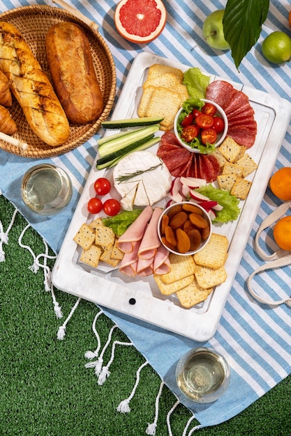Koc piknikowy z deskami wędliniarskimi zdrowa żywność i wino w parku na trawie w słoneczny dzień