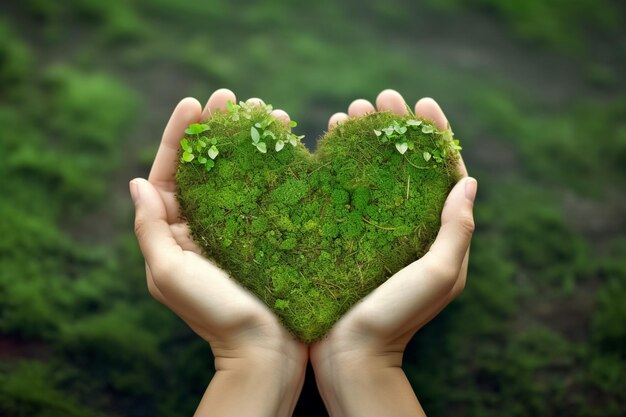Zdjęcie kochaj naturę i ratuj środowisko trzymając się za ręce zielony liść w kształcie serca