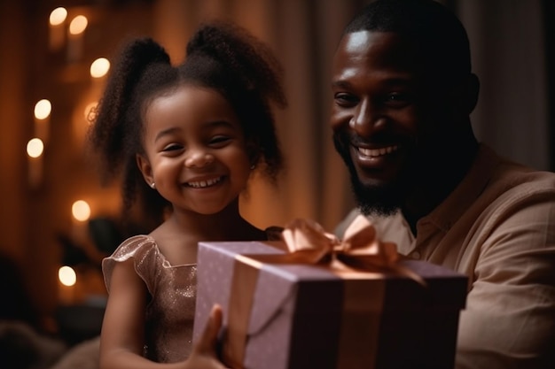 Kochająca czarną dziewczynkę dająca prezent ojcu Koncepcja Dnia Ojca Generatywna sztuczna inteligencja
