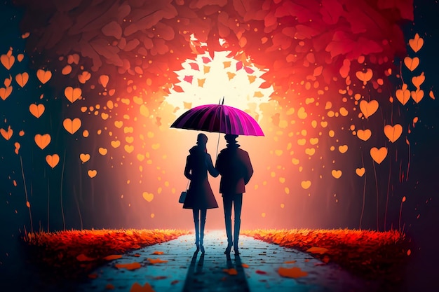Kochająca para chodząca pod parasolem w tle sezonu jesiennego
