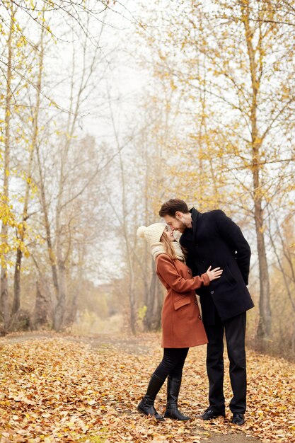Kochająca para chodzi w jesień parku