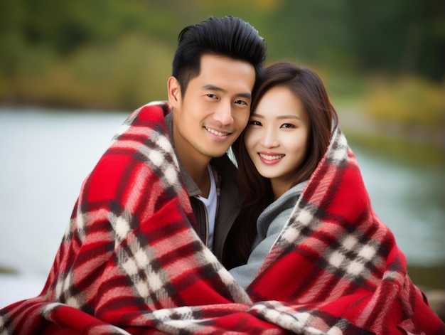 Kochająca się azjatycka para cieszy się romantycznym jesiennym dniem.