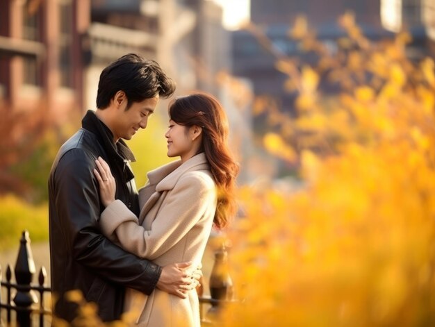 Kochająca się azjatycka para cieszy się romantycznym jesiennym dniem.
