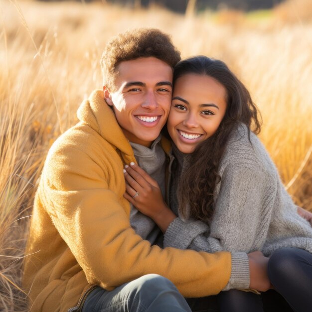 Kochająca się międzyrasowa para nastolatków cieszy się romantycznym jesiennym dniem