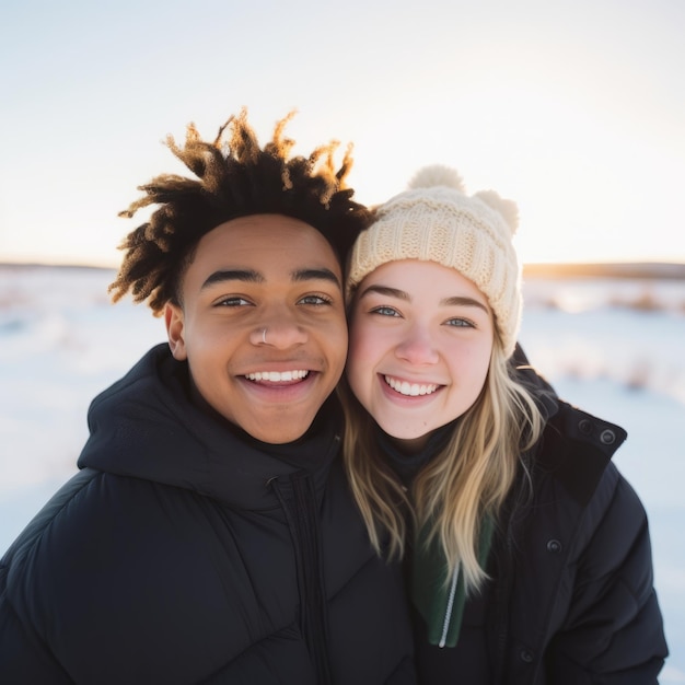 Zdjęcie kochająca się nastolatkowa para cieszy się romantycznym zimowym dniem.