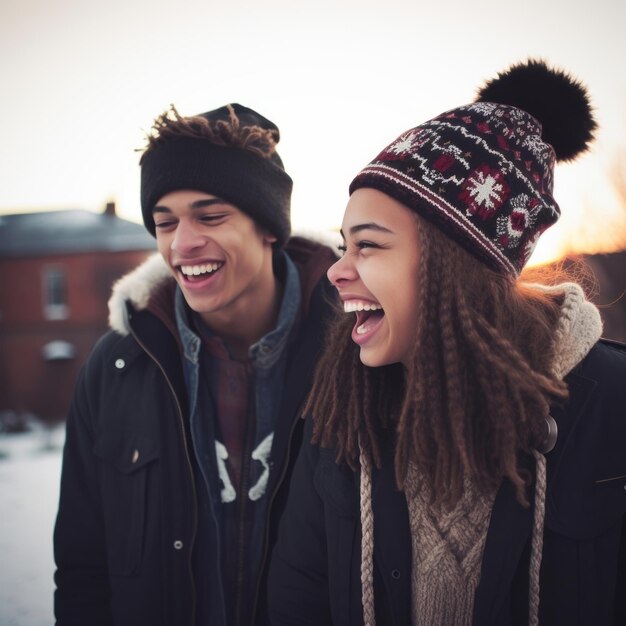 Zdjęcie kochająca się nastolatkowa para cieszy się romantycznym zimowym dniem.