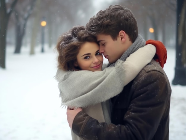 Kochająca się para cieszy się romantycznym zimowym dniem.