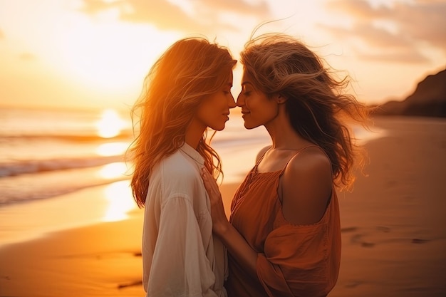 Kochająca się para lesbijek na plaży podczas zachodu słońca Letnie wakacje razem Miłość ocean kobieca para obejmująca się w naturze Romantyczny moment kochającej pary