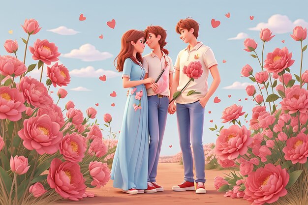 Kochająca się para świętująca szczęśliwy Dzień Walentynek w miłości stojąca razem z kwiatami poziomo