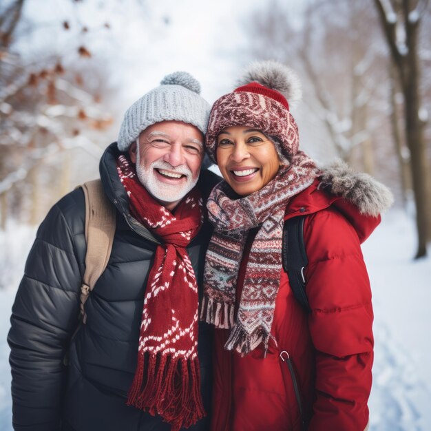 Kochająca się starsza para międzyrasowa spędza romantyczny zimowy dzień