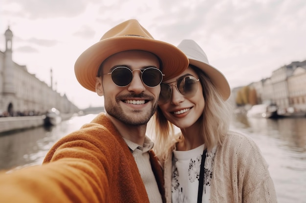 Kochająca szczęśliwa para podróżników uśmiecha się podczas robienia selfie podczas podróży do miast i zabytków Generative AI