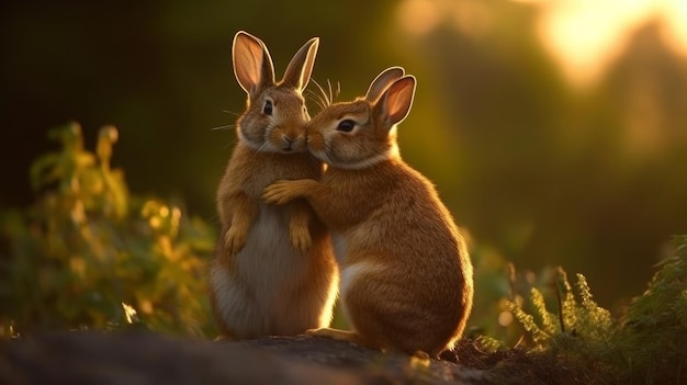 Kochający królik pielęgnujący swojego partnera, wygenerowany przez sztuczną inteligencję