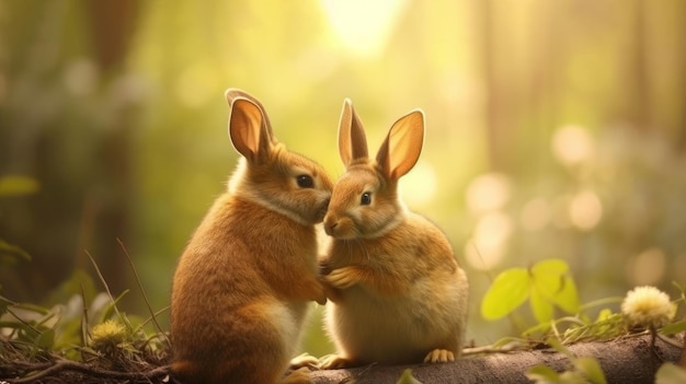 Kochający królik pielęgnujący swojego partnera, wygenerowany przez sztuczną inteligencję
