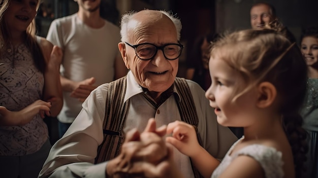 Kochający, troskliwy, elegancki dziadek patrzący na swoją uroczą małą wnuczkę Urocza dziewczynka i pozytywny dziadek Trzymający ręce Koncepcja rodziny Generatywne Ai