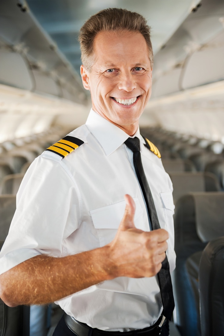 Zdjęcie kocham moją pracę! pewny siebie pilot w mundurze pokazujący kciuk w górę i uśmiechnięty