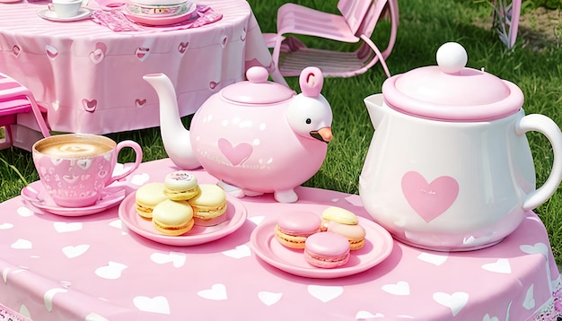 Zdjęcie kocham różowe zabawki i filiżankę kawy na różowym obrusie.