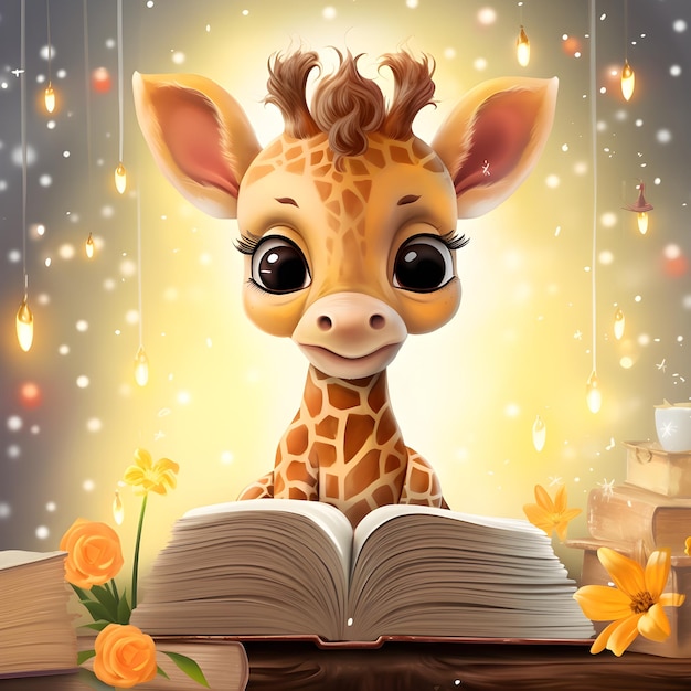 Kochana mała żyrafa czyta książkę i wygląda na absolutnie cenny rendering 3D