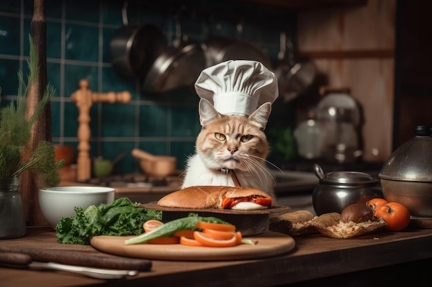 Koci kucharz ubrany w stylowy toczek i fartuch gotuje pyszny posiłek z rybnych warzyw