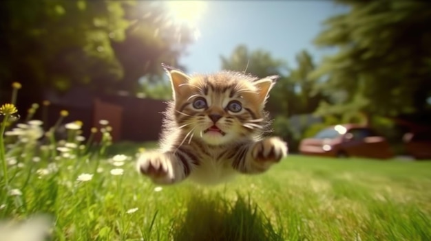Kociak bawi się na trawie, na której świeci słońce.