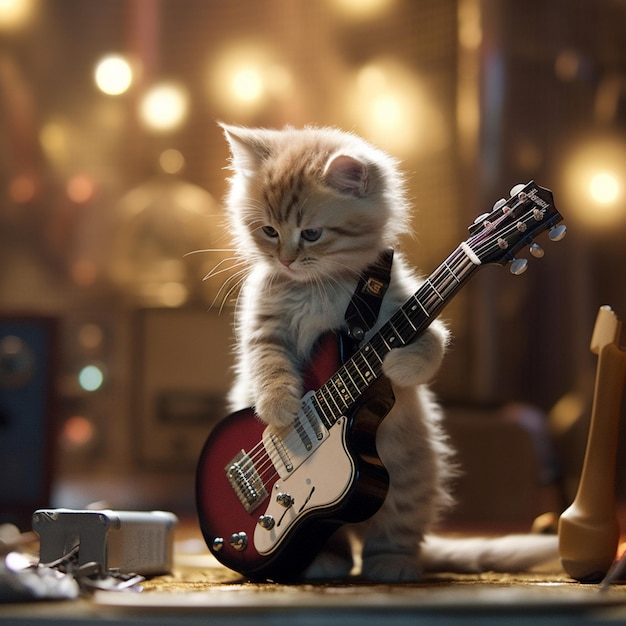 Kociak grający na gitarze basowej z czerwonym ciałem.