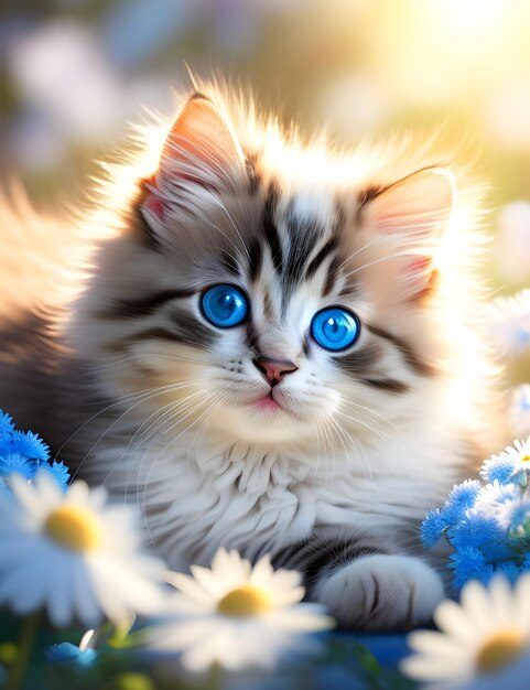 Zdjęcie kociak o niebieskich oczach siedzi w polu generatywnych kwiatów ai