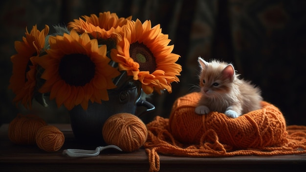 Kociak siedzi na stosie słoneczników obok miski z przędzą.