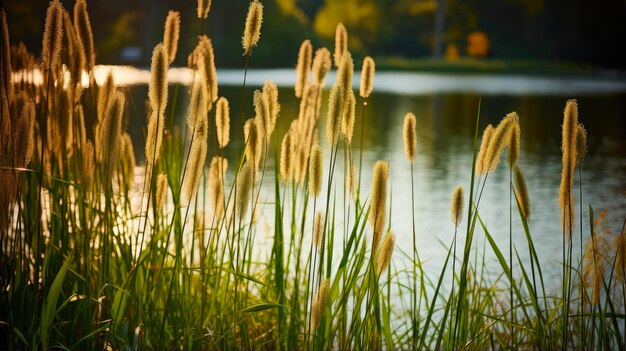 Zdjęcie kocie ogony w ich naturalnym środowisku zbliżenie zielonych roślin i chwastów rosnących nad jeziorem