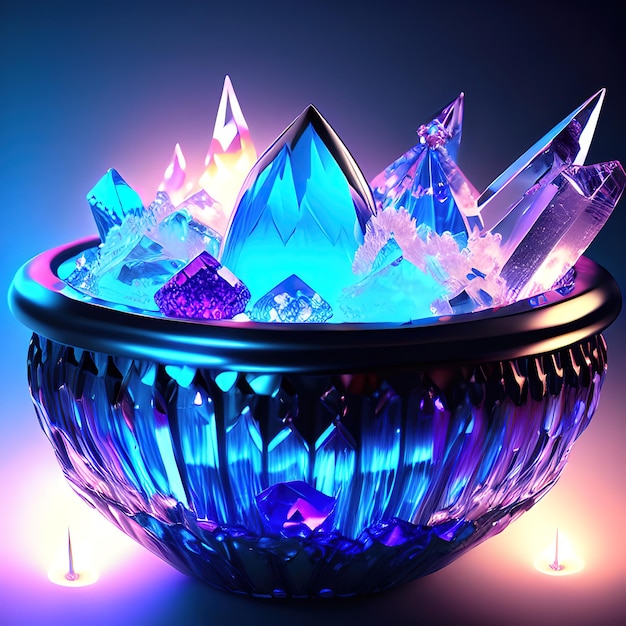 Zdjęcie kociołek wykonany z kryształków w kolorze ciemnoniebieskim, podświetlany w dół