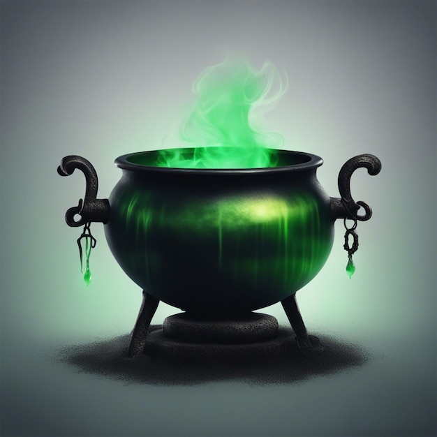 Zdjęcie kociołki czarownic z magiczną zieloną miksturą na ciemnym tle